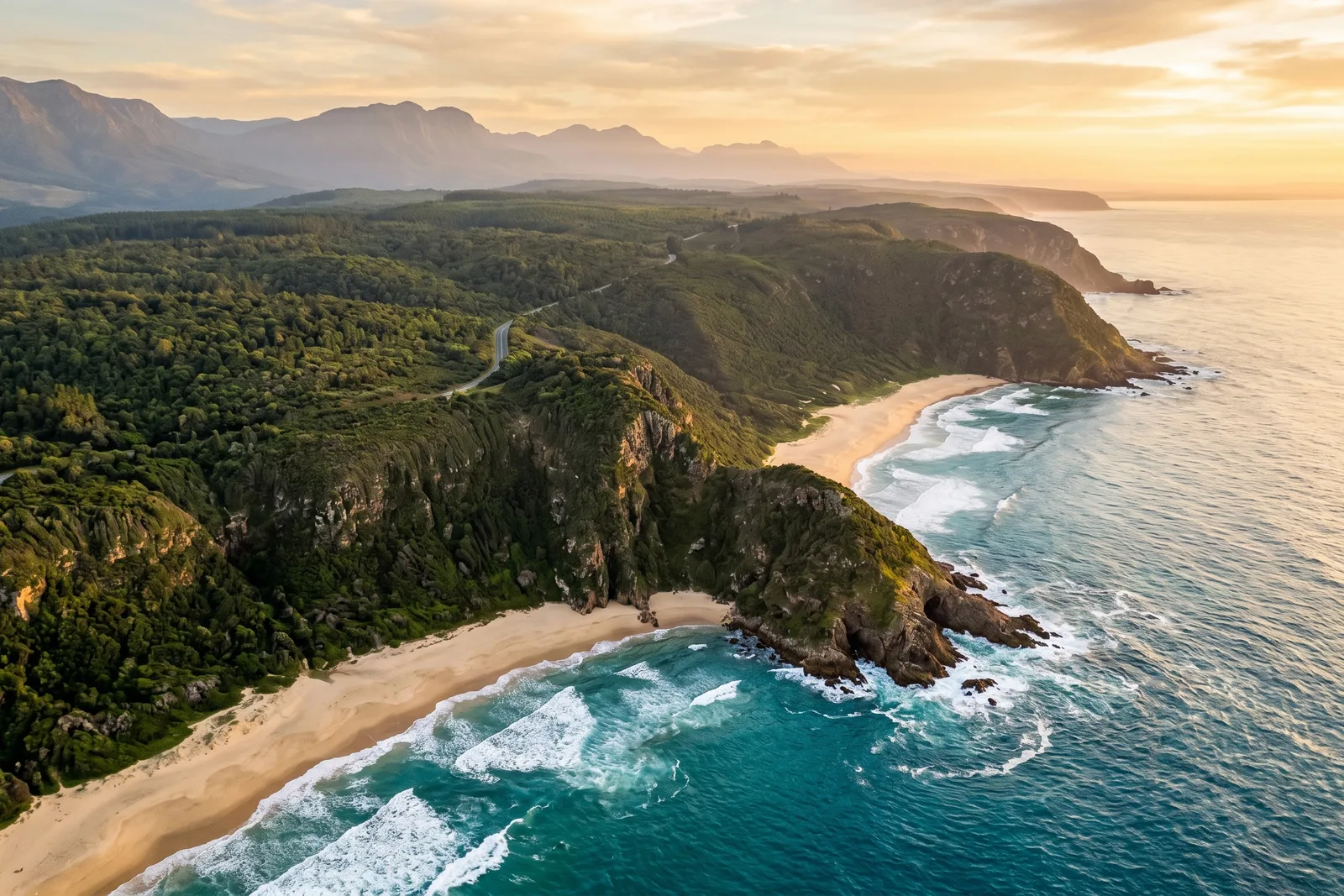 Aerial of the Garden Route coastline at sunset — N2 highway snaking past forested cliffs, beaches and mountains