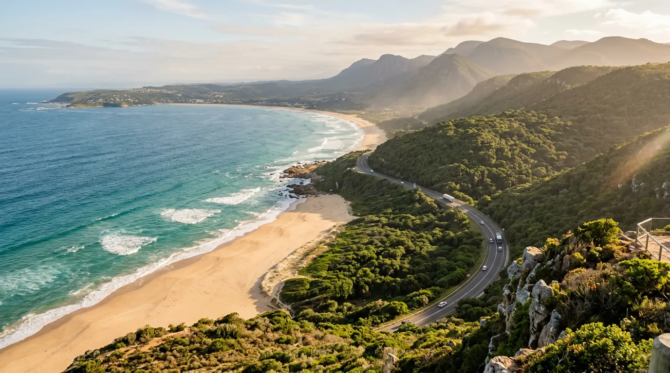 Aerial view of the Garden Route coastline at golden hour, South Africa — where it begins and ends