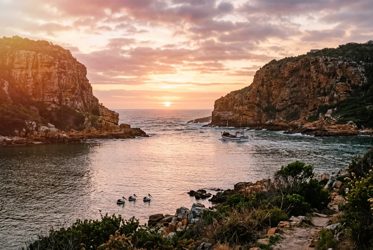 The Knysna Heads at sunset — two sandstone cliffs flanking the lagoon entrance