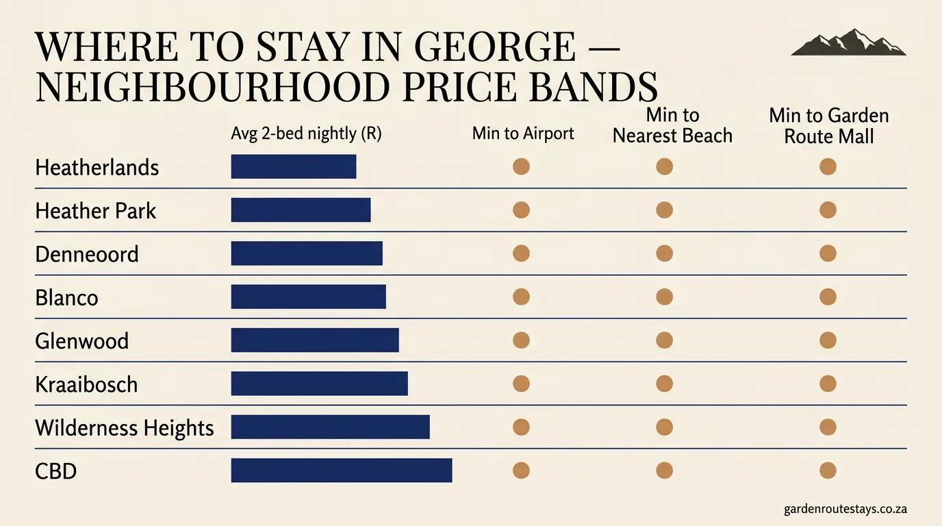 Infographic of George neighbourhoods showing average 2-bed nightly rates and minutes to airport, beach and Garden Route Mall