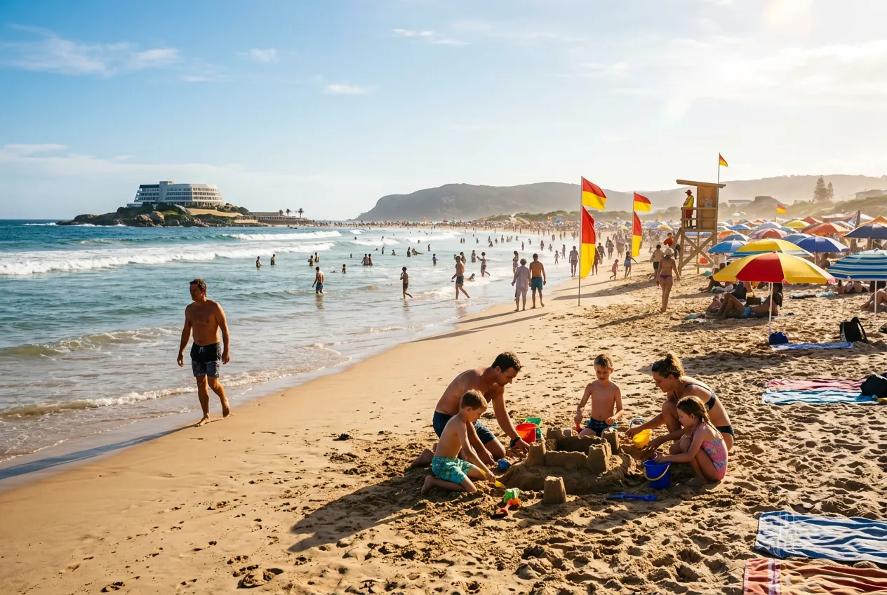 Central Beach Plettenberg Bay on a busy summer afternoon with colourful umbrellas and Beacon Island in the background