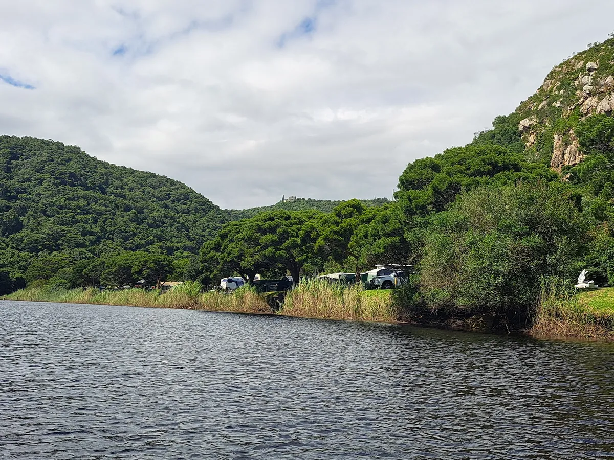 The Touw River at Ebb-and-Flow, Wilderness — calm water lined with reeds and forested hills
