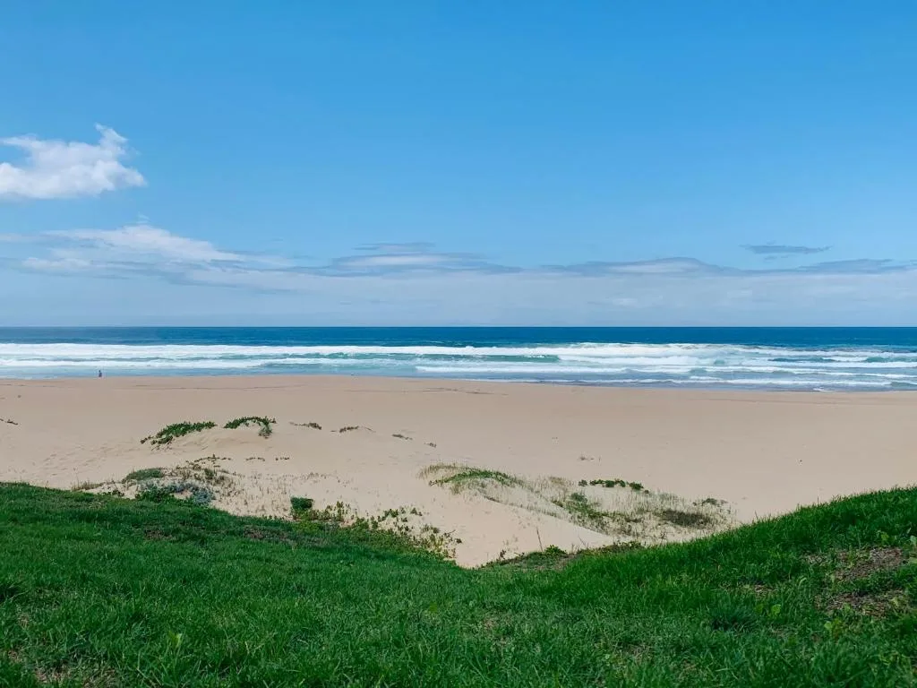 Wide sandy beach with ocean waves and dune vegetation under clear sky
