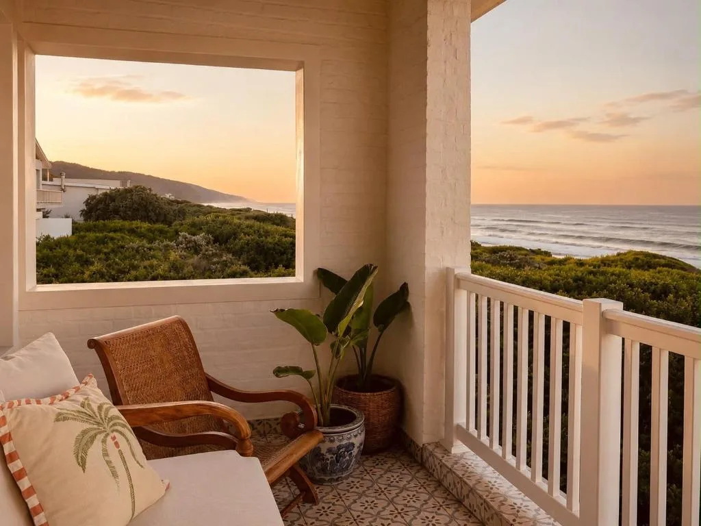 Sunset ocean and mountain views from a coastal balcony at dusk