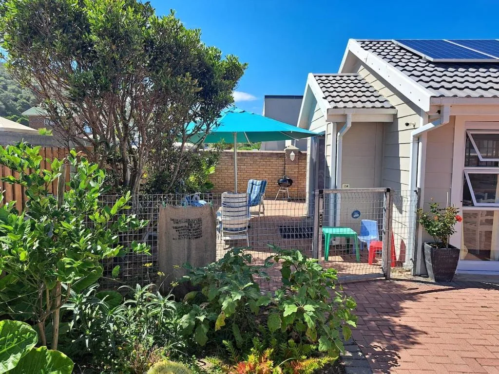 Property exterior with braai area, blue umbrella, and lush garden landscaping