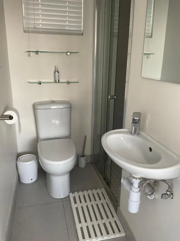 Clean bathroom with toilet, pedestal sink, mirror, and glass shelving