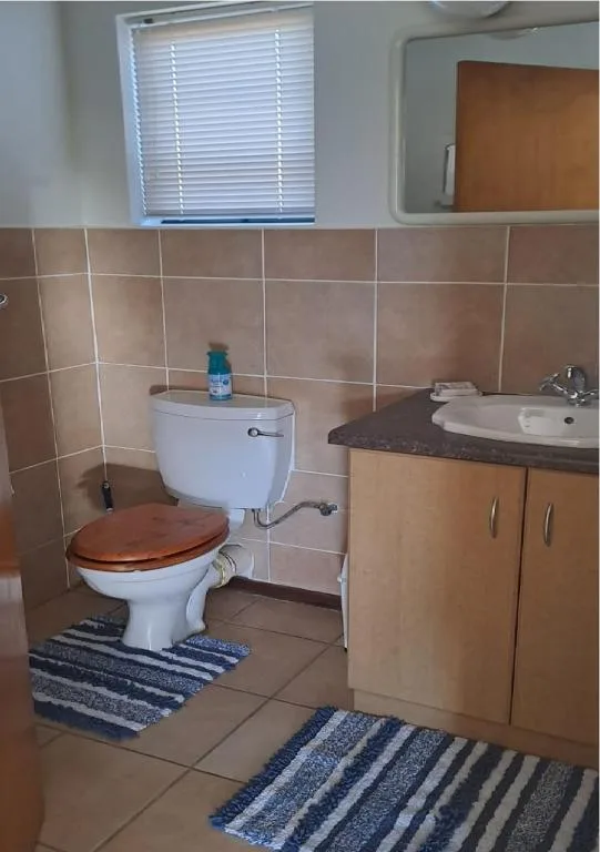 Bathroom with toilet, vanity sink, tiled walls, and window with blinds