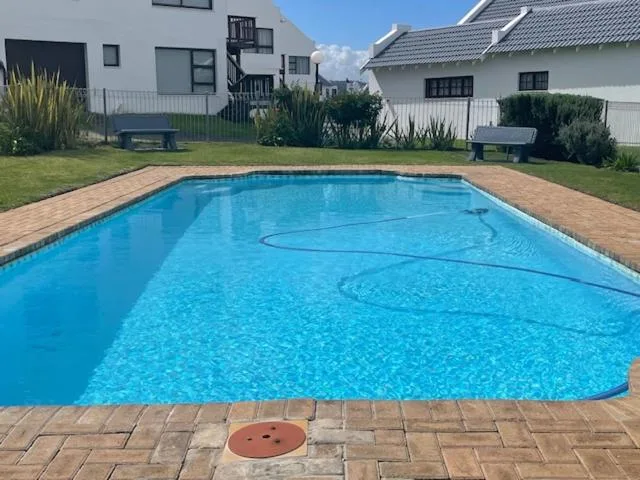Bright blue rectangular swimming pool with brick paving and residential buildings