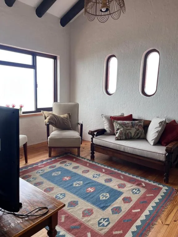 Bright living room with cream armchair, sofa, and patterned area rug