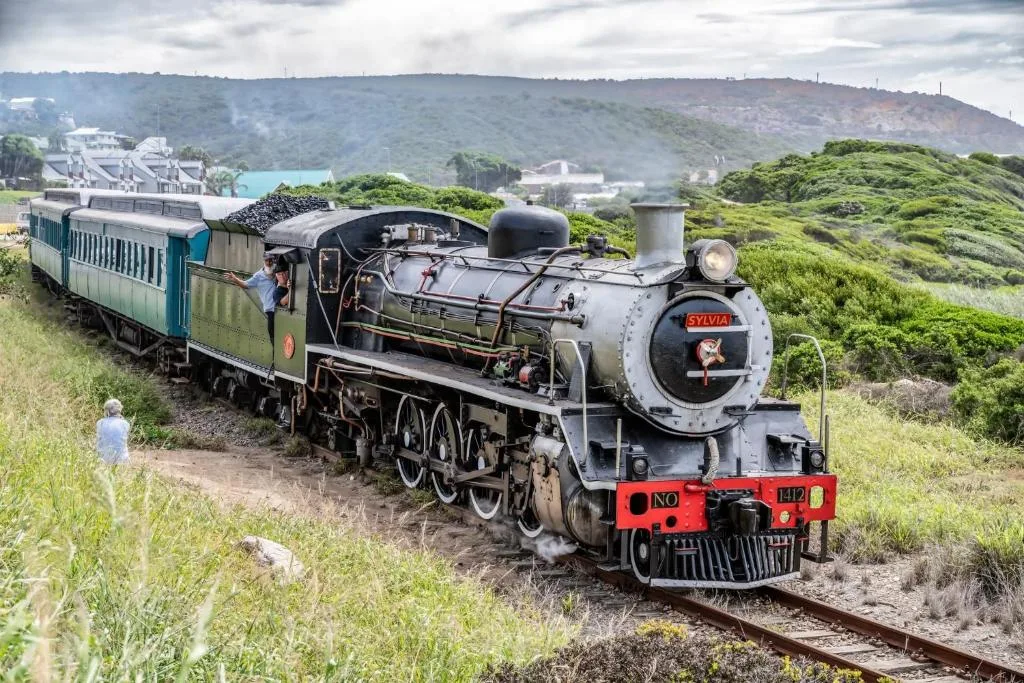 Historic steam train with passenger cars amid lush green hillside landscape