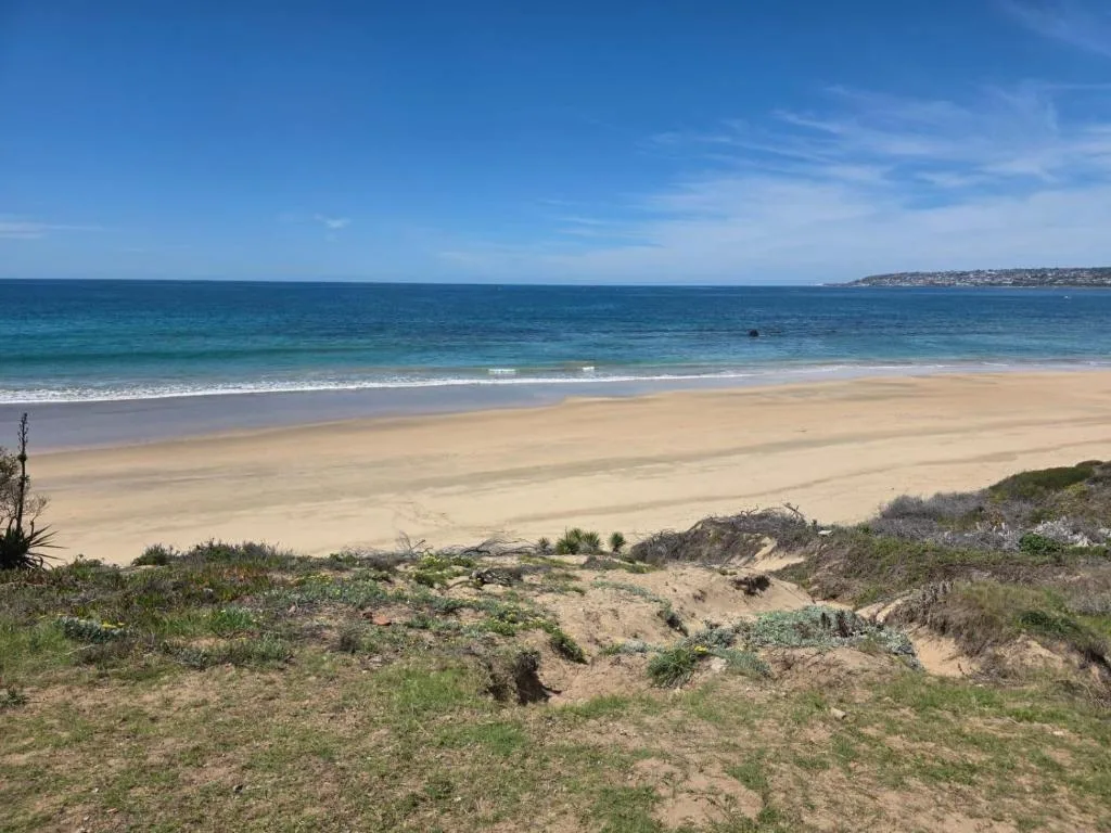 Pristine sandy beach with turquoise ocean and distant coastal settlement