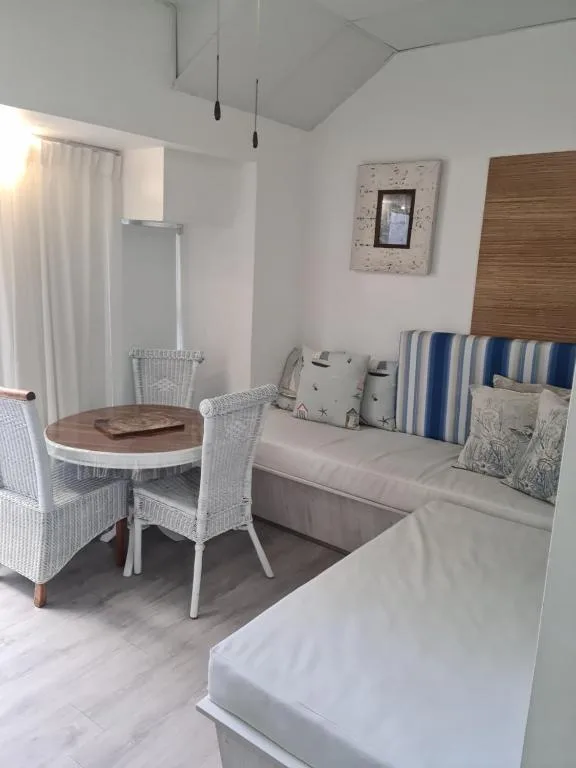 Bright studio apartment with sofa, dining table, and twin beds