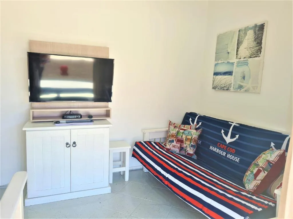 Living room with TV, white cabinet, and nautical-themed sofa with striped blanket
