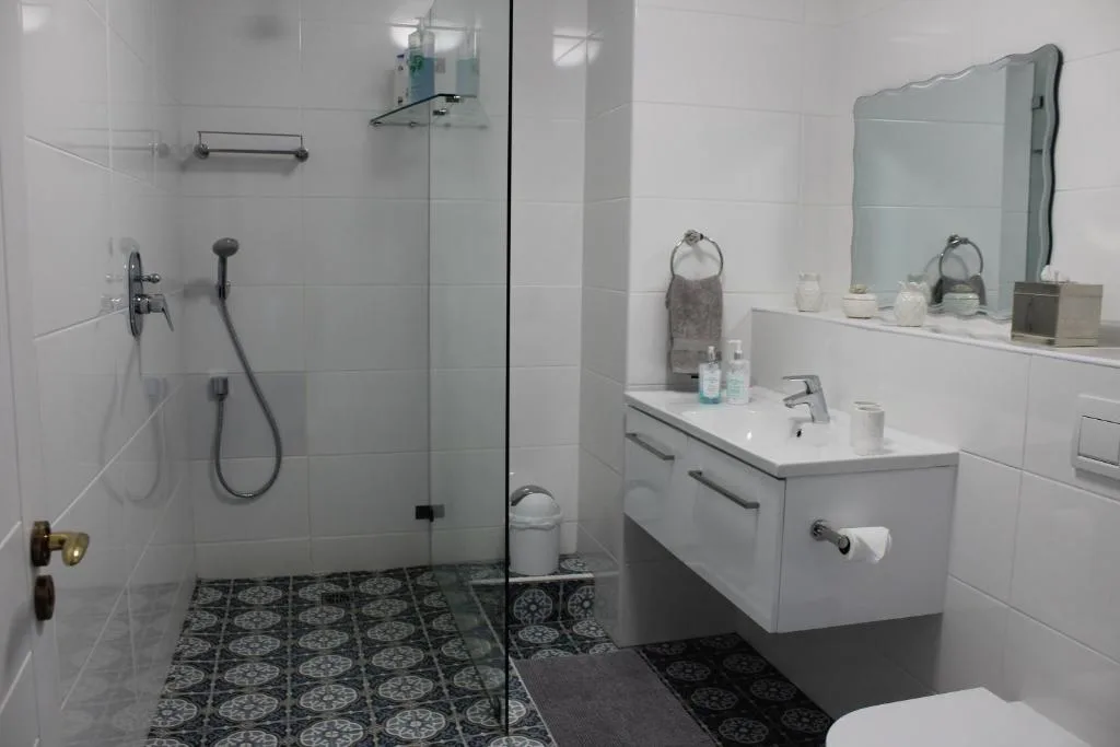 Modern bathroom with walk-in shower, vanity sink, and patterned floor tiles