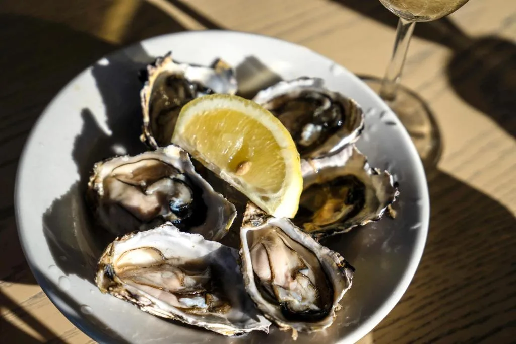 Fresh oysters with lemon on white plate and wine glass