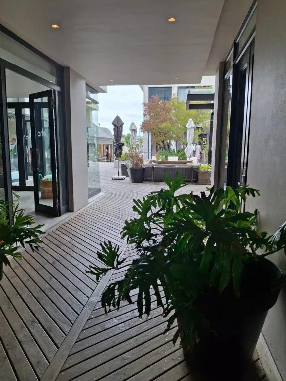 Covered deck with potted plants overlooking town square and street