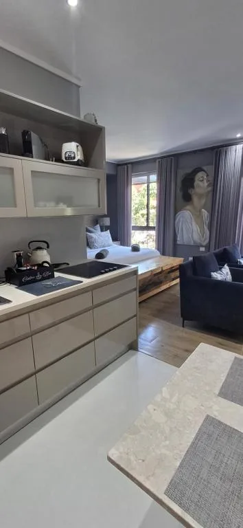 Modern kitchen with white cabinetry, stovetop, and open shelving in studio apartment