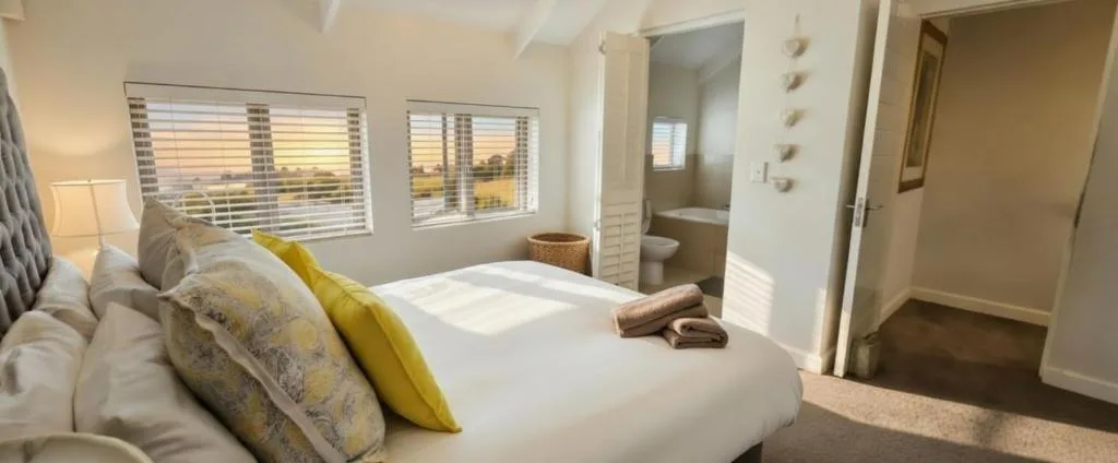 Bright bedroom with white bed, yellow pillows, and ensuite bathroom visible