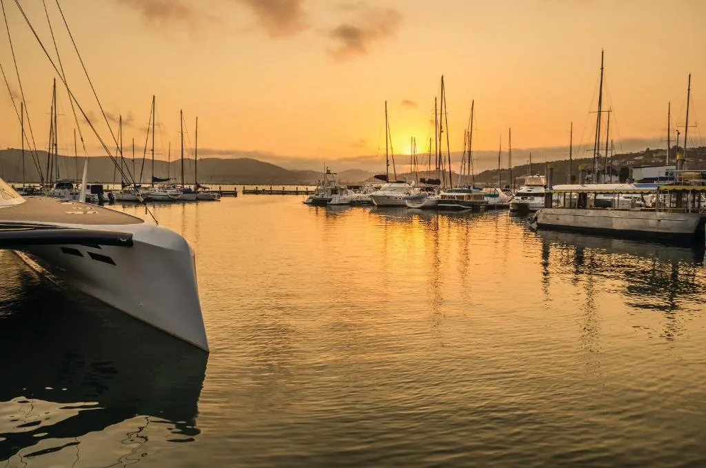 Golden sunset over Knysna marina with moored sailboats and mountains