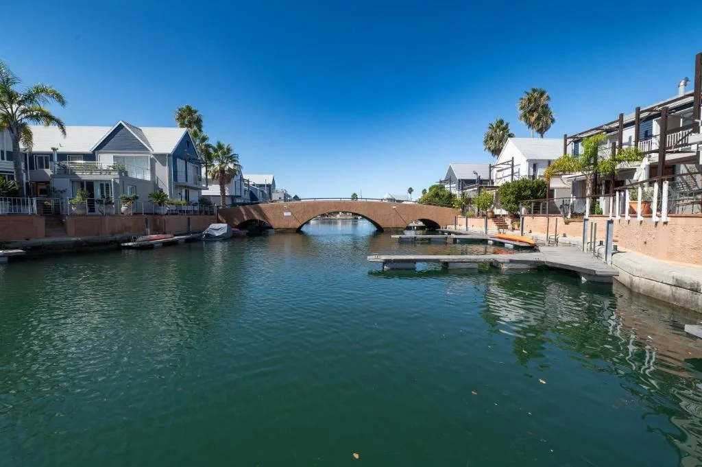 Scenic waterfront view of Knysna lagoon with arched bridge and palm trees