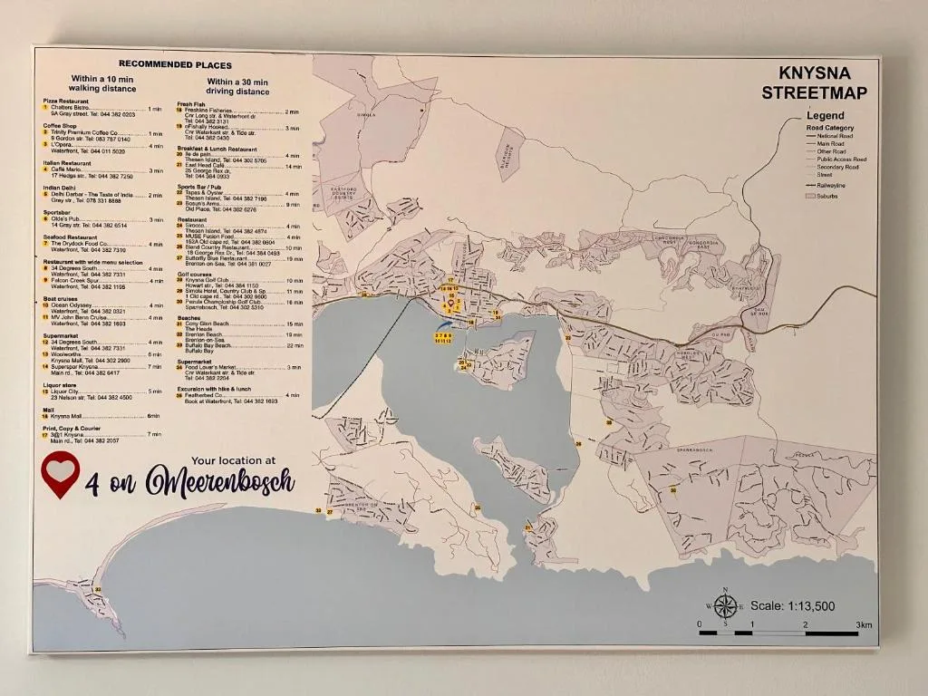 Knysna streetmap showing recommended places and property location at Meerenbosch