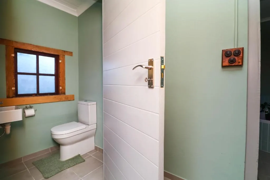 Modern bathroom with toilet, wooden-framed window, and mint green walls
