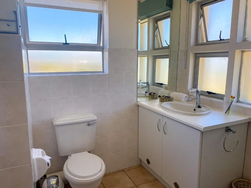 Bright bathroom with toilet, vanity sink, and windows with natural light