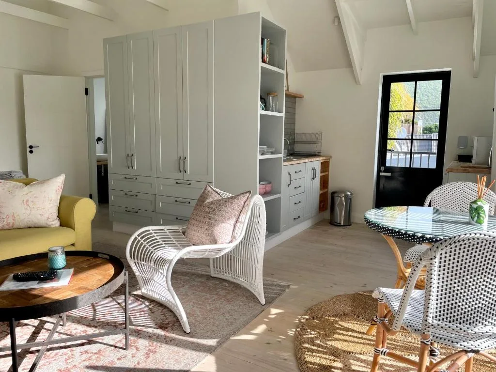 Bright studio apartment with built-in wardrobes, seating areas, and garden views
