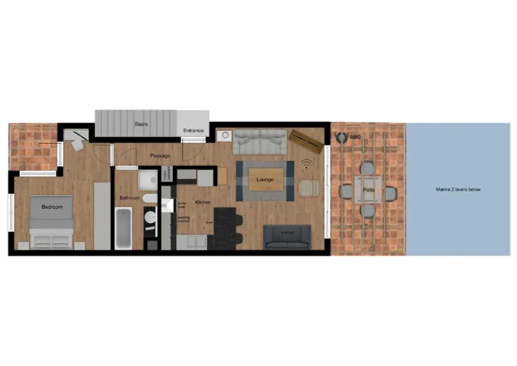 Floor plan layout showing bedroom, bathroom, kitchen, lounge, and patio areas