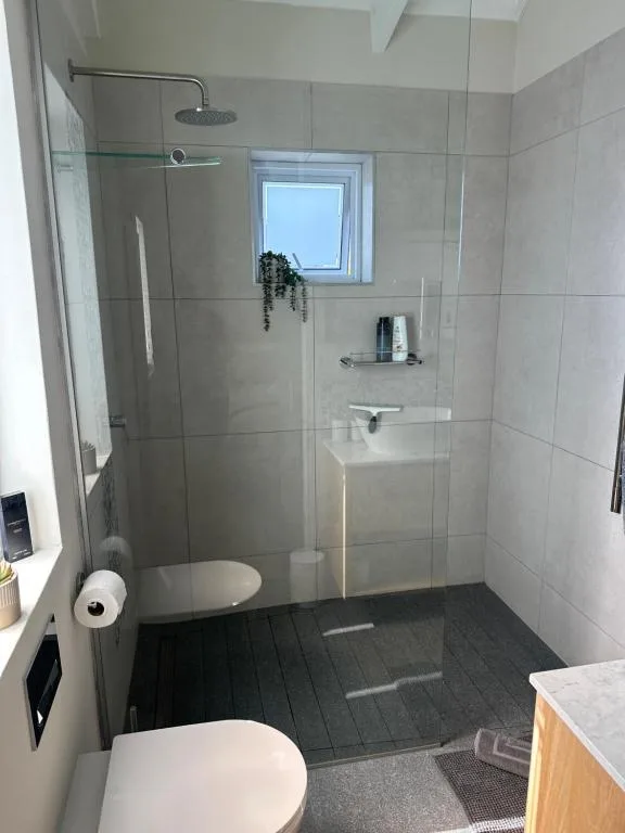 Modern bathroom with walk-in shower, toilet, and window with natural light