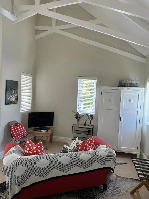 Bright bedroom with red upholstered bed, TV, and vaulted white ceiling beams