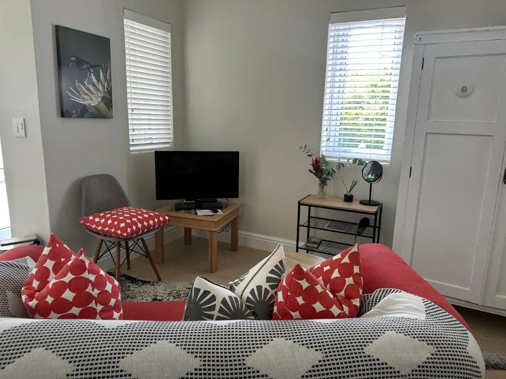 Bright studio lounge with red patterned cushions, TV, and modern decor