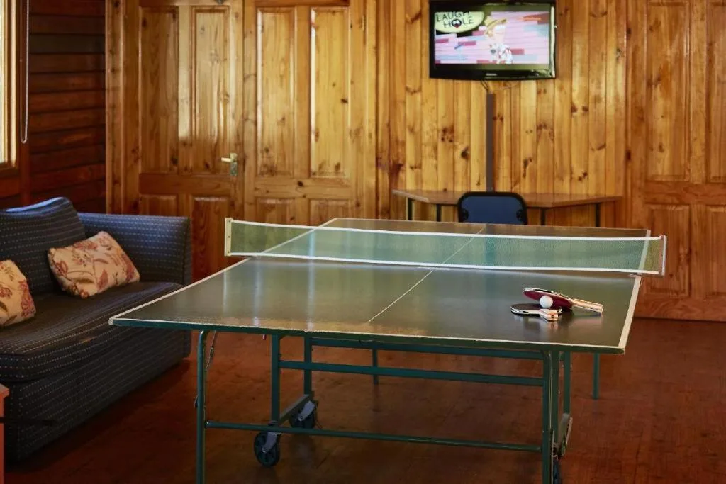 Wooden lounge with ping pong table, sofa, and wall-mounted television
