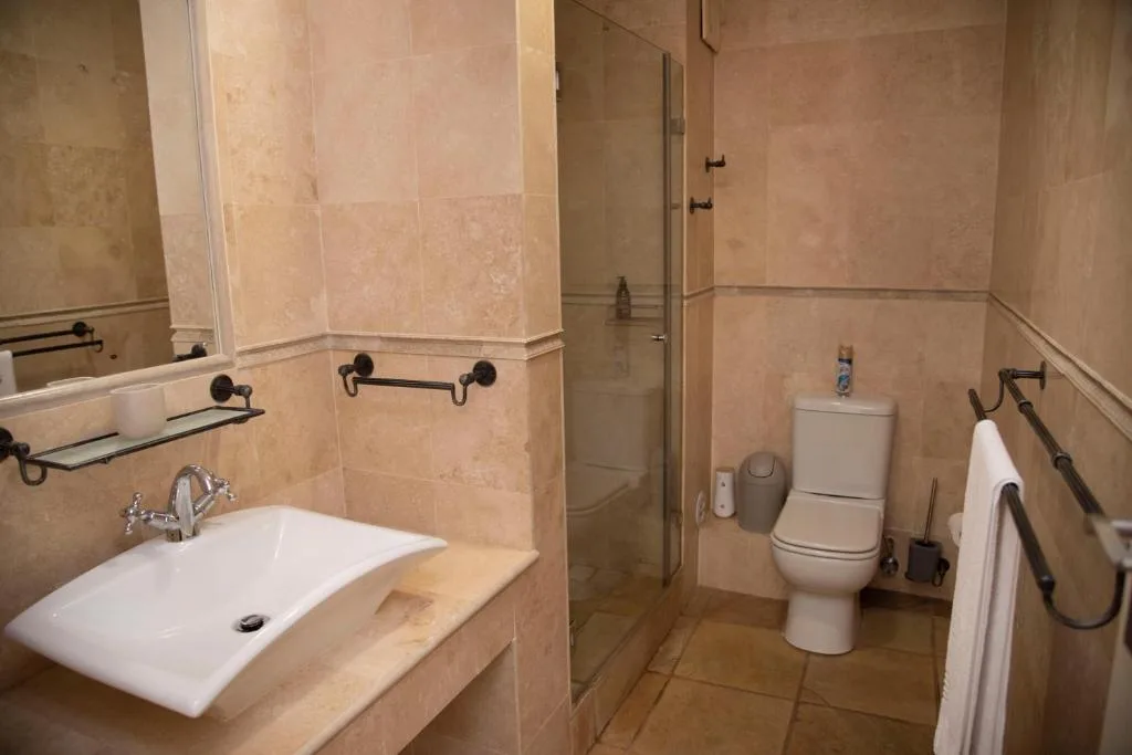 Modern bathroom with vanity sink, toilet, and walk-in shower enclosure