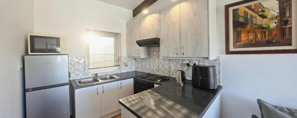Modern kitchen with white cabinets, black countertop, and stainless steel appliances