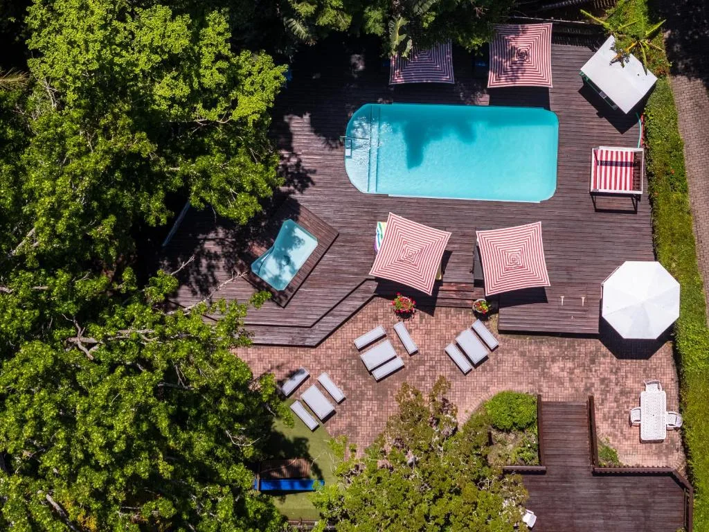 Aerial view of swimming pool with surrounding deck, loungers, and lush gardens