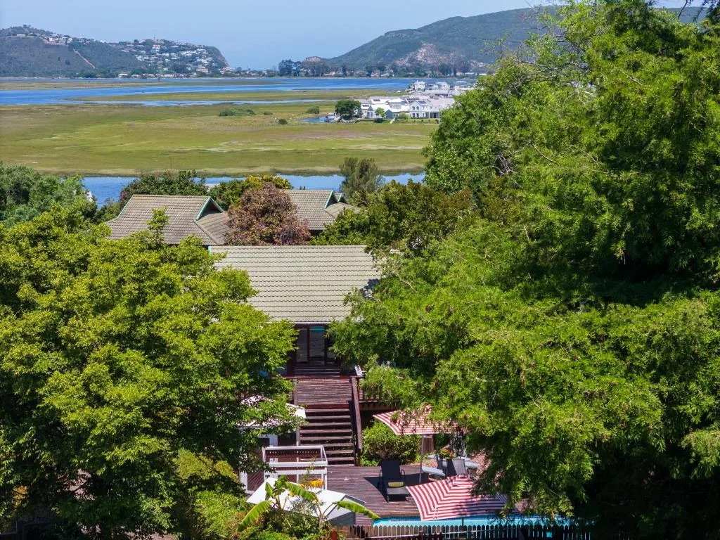 Aerial view of lagoon and mountains beyond lush green property