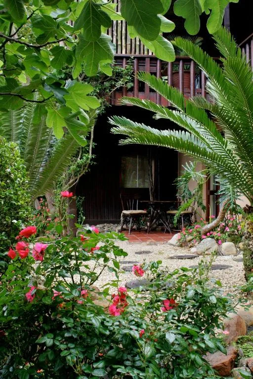Lush garden entrance with pink roses and ferns leading to cottage