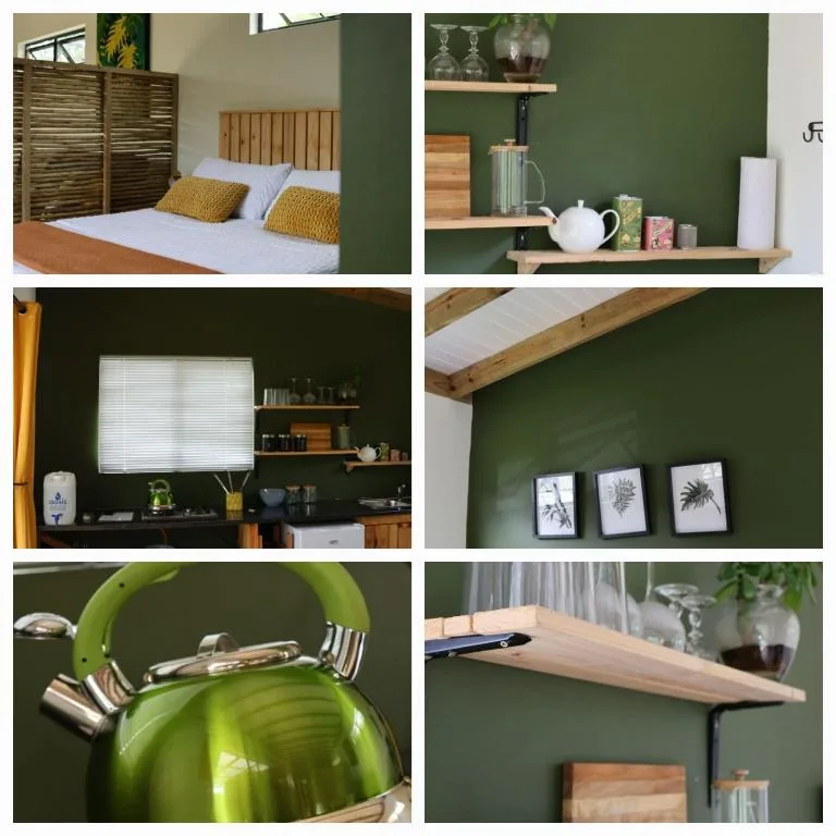 Interior design collage showing bedroom, kitchen, decor and furnishings