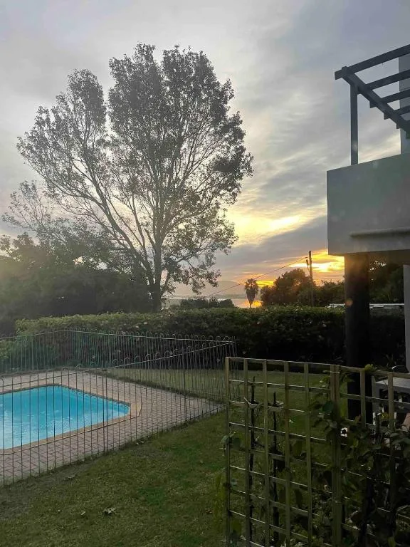 Sunset over garden with pool and mature trees visible