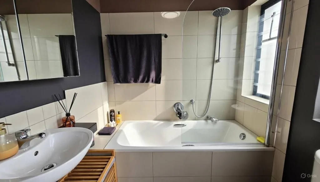 Modern bathroom with white tiles, vanity sink, and bathtub with shower