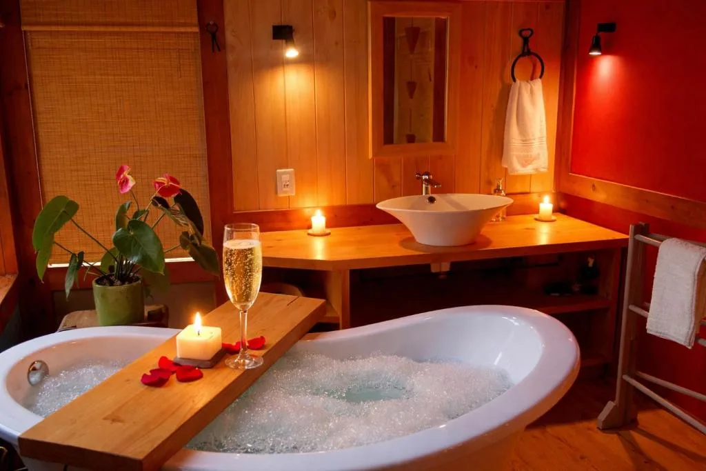 Luxurious spa bathroom with freestanding soaking tub and ambient candlelight