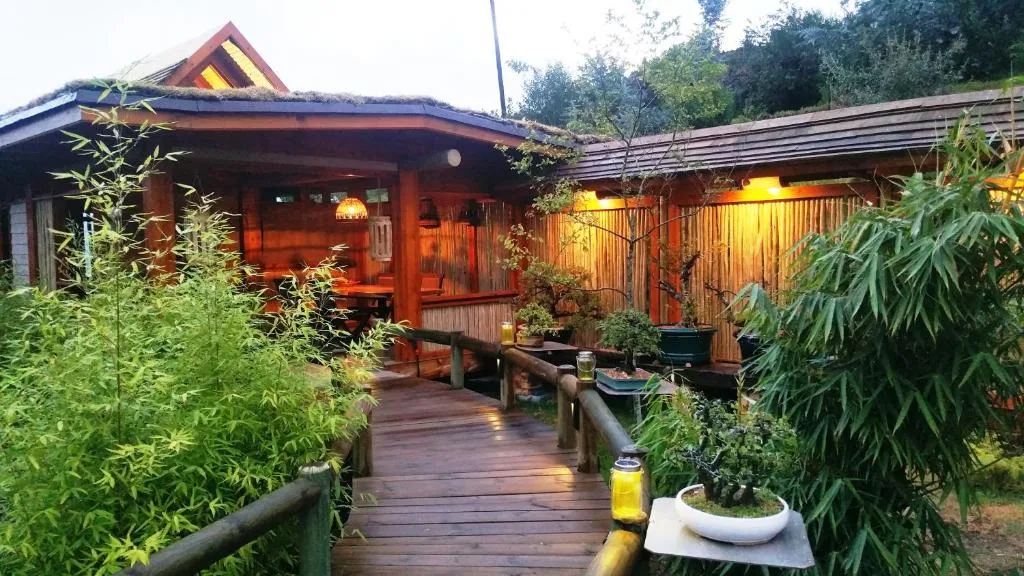 Wooden deck with warm lighting, potted plants, and garden surroundings