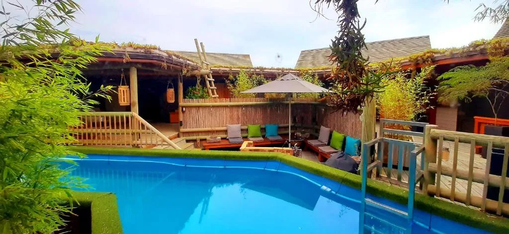 Bright blue swimming pool surrounded by lush gardens and wooden deck areas