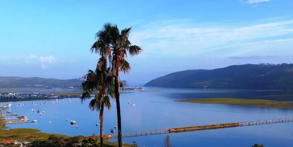 Scenic coastal lagoon view with mountains and moored boats beyond palm trees