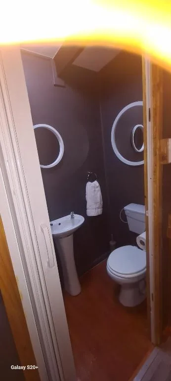 Modern bathroom with round mirrors, pedestal sink, and toilet fixture