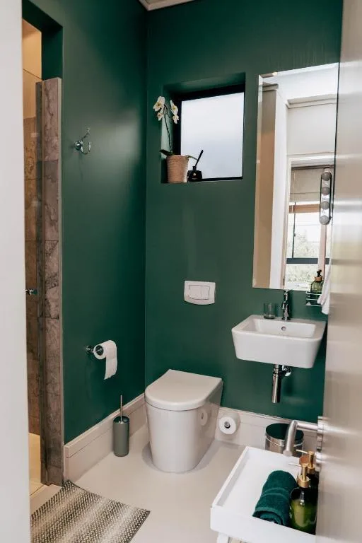 Modern bathroom with deep green walls, white toilet, sink, and mirror