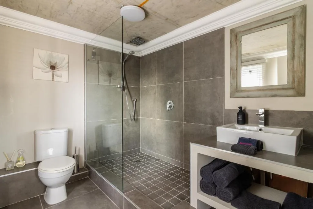 Modern bathroom with walk-in shower, vanity sink, and toilet facilities