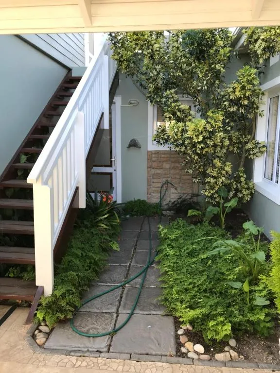 Shaded outdoor staircase entrance with lush green climbing vines