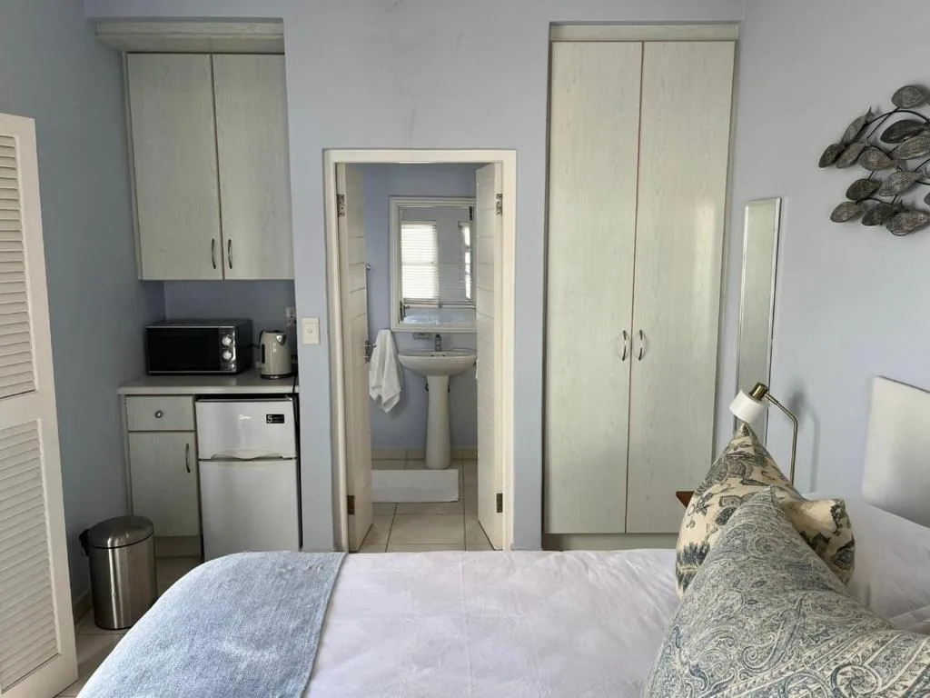 Modern bedroom with bed, kitchenette, wardrobe storage, and ensuite bathroom